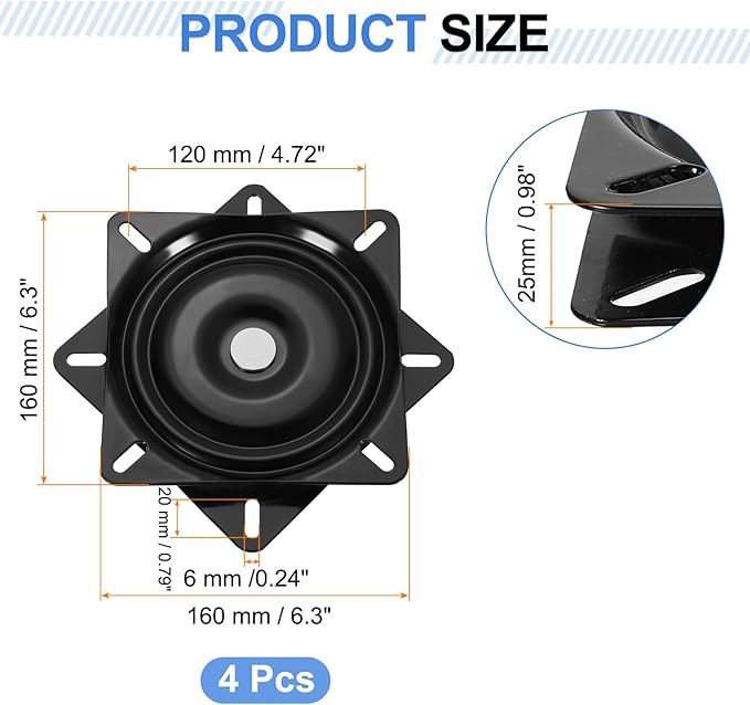 uxcell 3Pcs 6.5" Bar Stool Swivel Replacement, 360° Rotation Lazy Susan Turntable, Square Semi-Ball Bearing Seat Swivel Base 