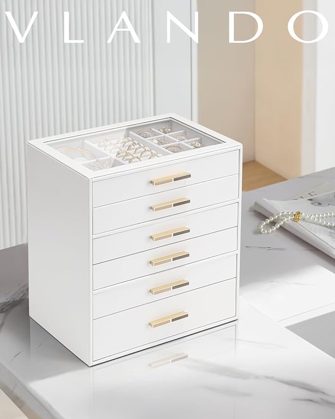 VLANDO 6 Layer Jewelry Box for Women, Glass Lid Jewelry Organizer with 6 Drawers for Necklaces Rings Earrings Bracelets - Whi