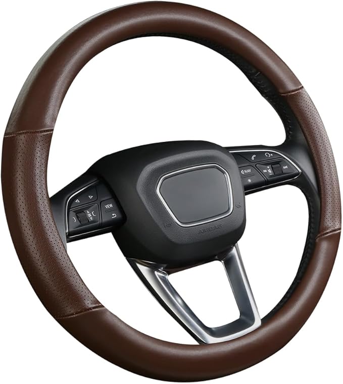 Cxtiy Genuine Leather Steering Wheel Cover with Ventilation Holes Luxury Cowhide,Breathable and Anti-Slip,14.5-15 inch(Brown)