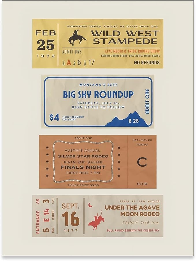 FuSatisYilife Vintage Western Cowboy Wall Art Decor Retro Rodeo Tickets Poster 1970s Western Prints Midwest Rustic Cowboy Pai