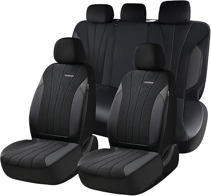 Coverado Car Seat Covers Full Set, Automotive Seat Covers 5-piece, Leather Car Protectors 5 Seats, Black Auto Seat Covers Spi