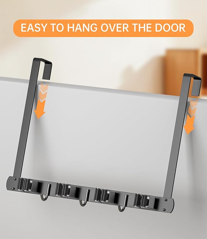 Broom Holder Over The Door - 304 Stainless Steel Mop and Broom Holder Wall Mounted or Hanging Over The Door with Hooks - Broo