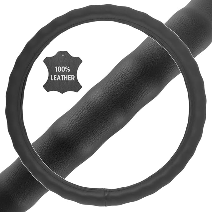 BDK SW-899-LK Black Leather Car Steering Wheel Cover Large Size 15.5 to 16 inch, Easy Installation