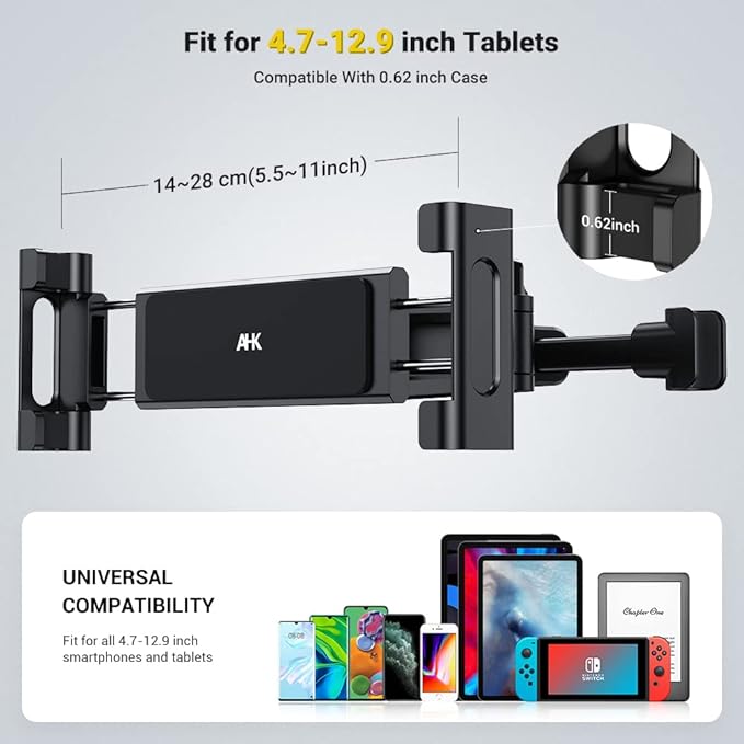 AHK Car Headrest Mount Holder, for iPad Pro/Air/Mini, Tablets, Nintendo Switch, iPhone, Samsung Galaxy/Note, Smartphones, Compatible with 4.5" to 10" Device, 360° Rotation