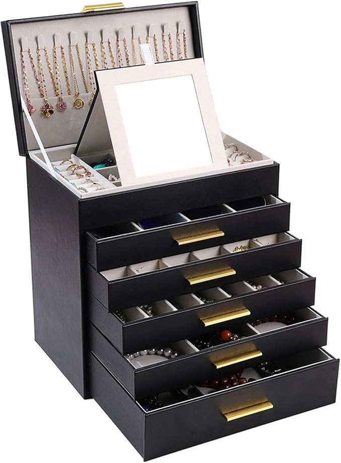 BOOVO Jewelry Boxes for Women, White and Black 6 Layer Large Jewelry Box for Necklace, Bracelet, Earrings, Rings Storage, Jew