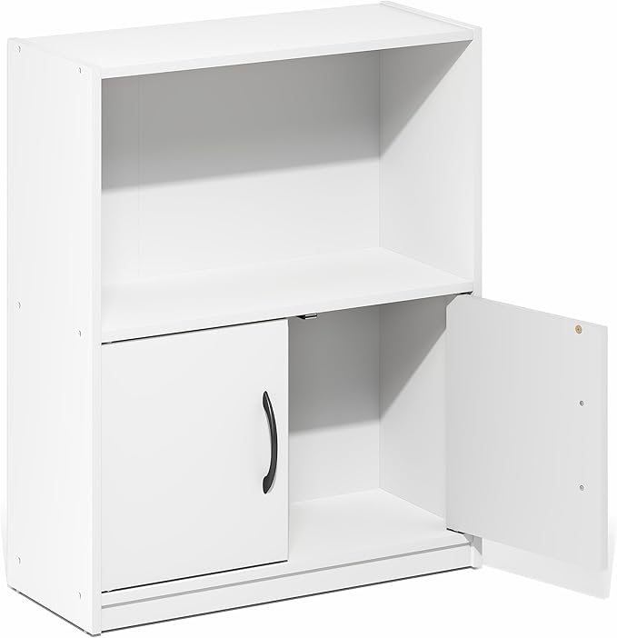 Furinno Gruen Book Shelf, 2-Tier Small Bookshelf, Bookcase with Open Shelf and Doors Storage Cabinet, 9.3 x 21.8 x 27, for Or