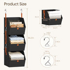 Homsorout Collapsible Hanging Closet Organizer - 3 Tier Closet Shelves Storage System with Hooks, Fabric Hanging Storage Bins