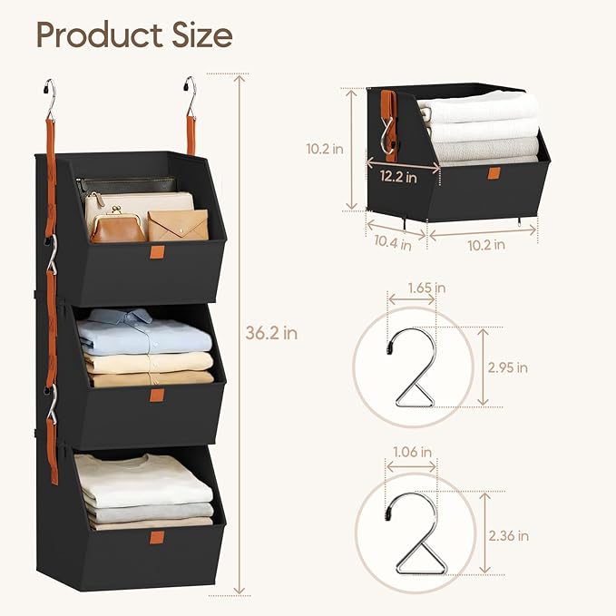 Homsorout Collapsible Hanging Closet Organizer - 3 Tier Closet Shelves Storage System with Hooks, Fabric Hanging Storage Bins