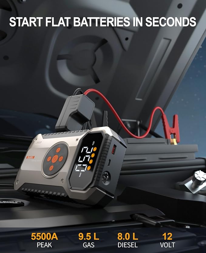 Portable Jump Starter with Air Compressor 5500A, 12V Car Charger Jump Starter Power Pack,150 PSI Tire Inflator and Jumper