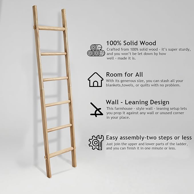 Blanket Ladder Pre Assembled 76in Wooden Ladder Shelf Living Room Bathroom Bedroom Decorative Wall Leaning Farmhouse Quilt Di