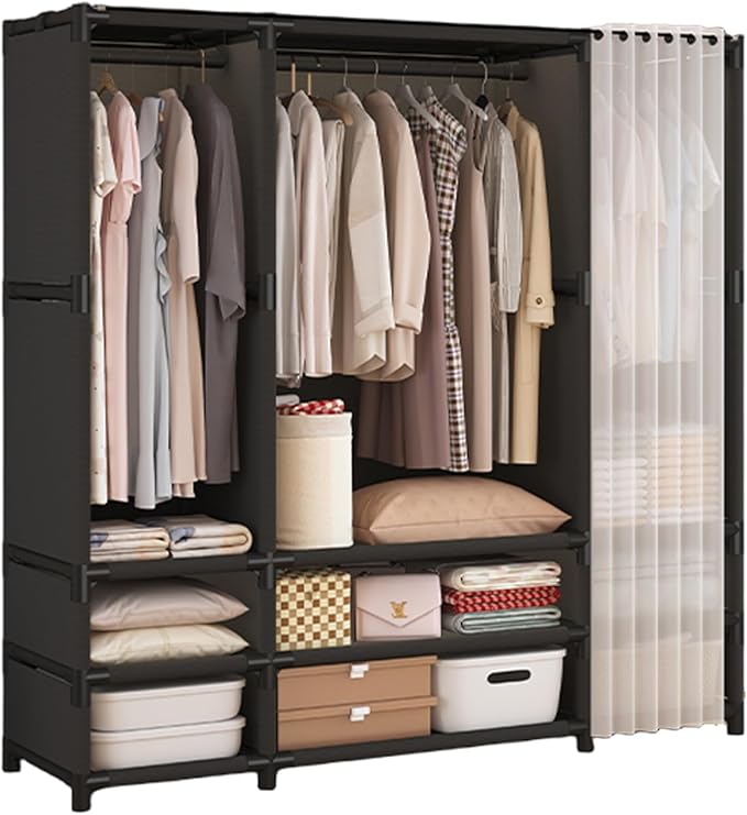 Portable Closet,Portable Closets for Hanging Clothes,Japanese Style Wardrobe with 3 Hanging Rods,9 Storage Shelves,56.2" L x 
