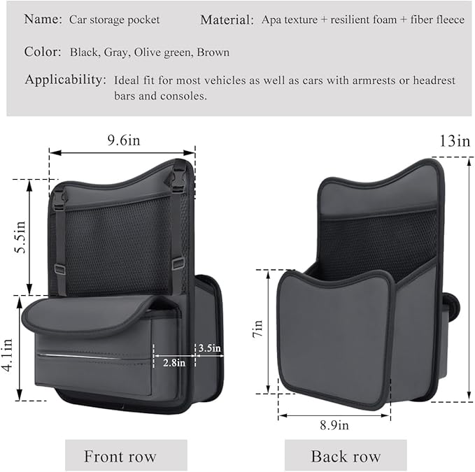 Car Organizer Storage Between Seats, Leather Large Capacity Automobile Handbag Hanging Store Content Bag, Auto Console Organizer Holder for Snack Phone Document Storages, Car Accessories (Gray)