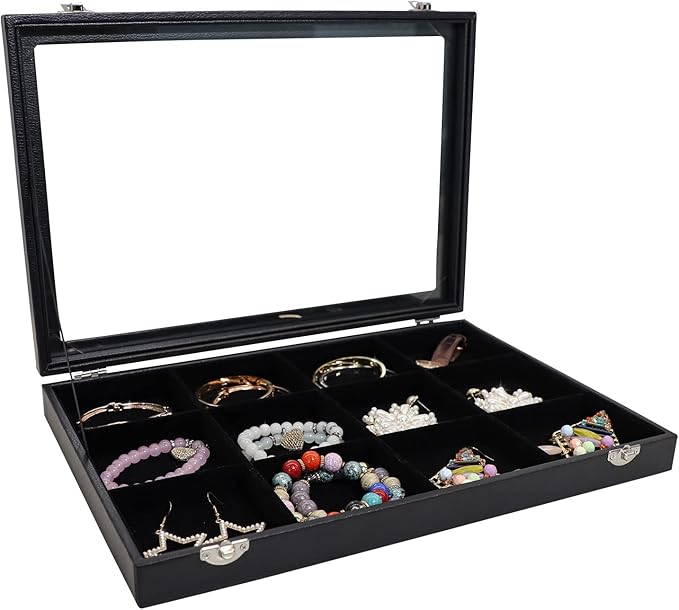 Wudygirl Jewelry Tray 12 Grid Jewelry Organizer with Clear Lid Bracelet Holder Organizer Display Case Removable, Black Velvet