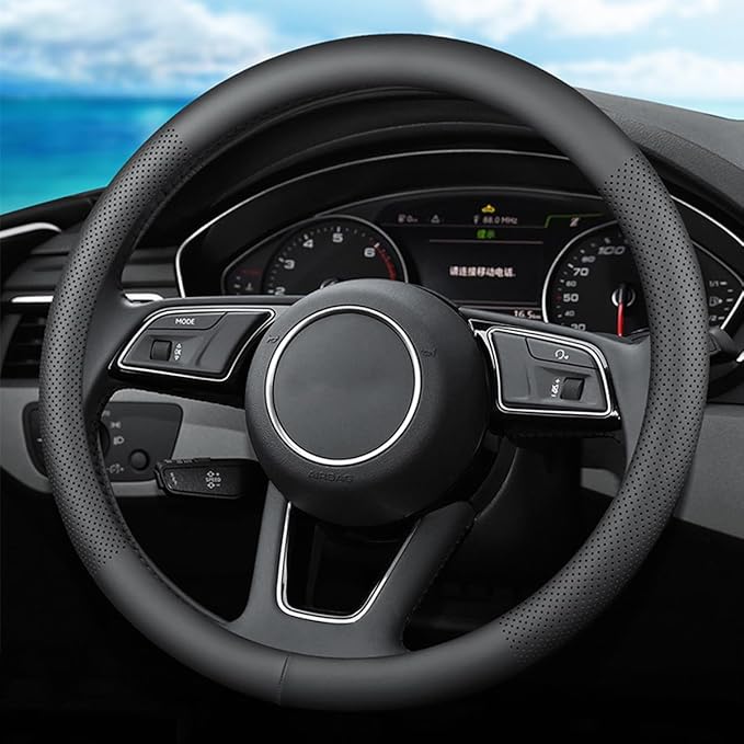 XHRING Car Steering Wheel Cover for Volvo XC90 XC60 S60 XC40 S90 S80 S70 XC70 V90 V70 V60 V50 V40 S50 S40 L200 C70 C30 T5 Momentum B5 R-Design T8 Recharge Accessories, Leather Black 14 ½''-15''