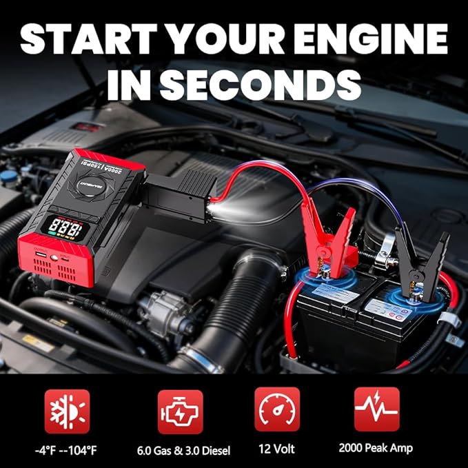 SEAMOUNT 2000A Jump Starter with Air Compressor Combo, Portable Car Battery Booster Pack for 6L Gas / 3L Diesel,