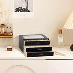 Jewelry Box with Glass Lid, 3-Layer Jewelry Organizer for Women Girls, PU Leather Display Case with 20-Grid Earring Tray & Mo