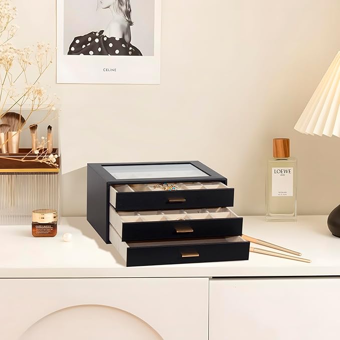 Jewelry Box with Glass Lid, 3-Layer Jewelry Organizer for Women Girls, PU Leather Display Case with 20-Grid Earring Tray & Mo