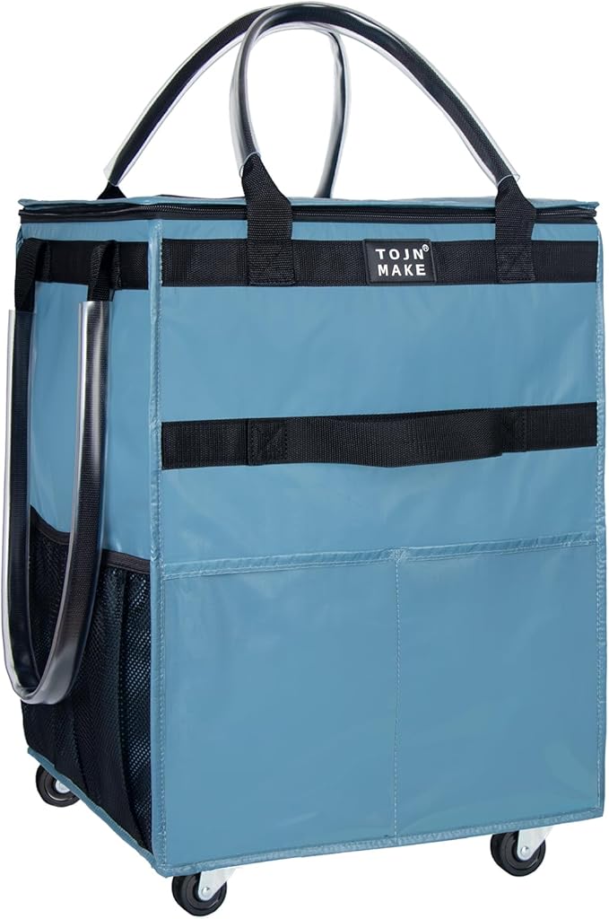 Reusable Grocery Bag On Wheels, Shopping Trolley, Rolling Tote with 8 Pockets and Zipper Cover, Foldable, Heavy Duty Handles, Carries Up to 46 LBS (Medium, Blue)