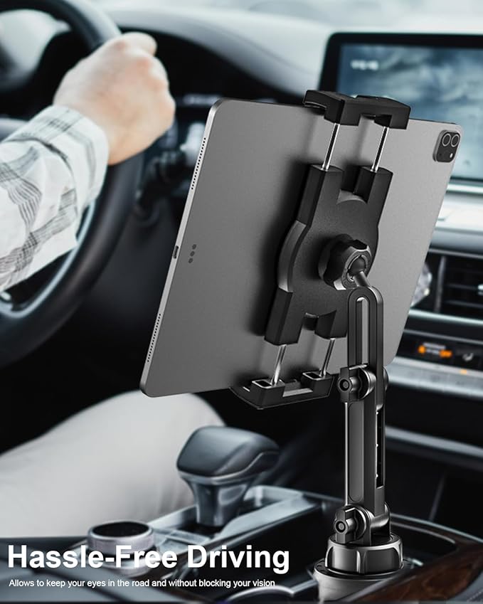 woleyi Cup Holder Car Tablet Mount, iPad Mount Holder for Car/Truck, 360° Rotation Adjustable Universal Tablet Stand Cradle Compatible with iPad Pro Air Mini, Galaxy Tab, Z Fold, iPhone, 4-13" Devices