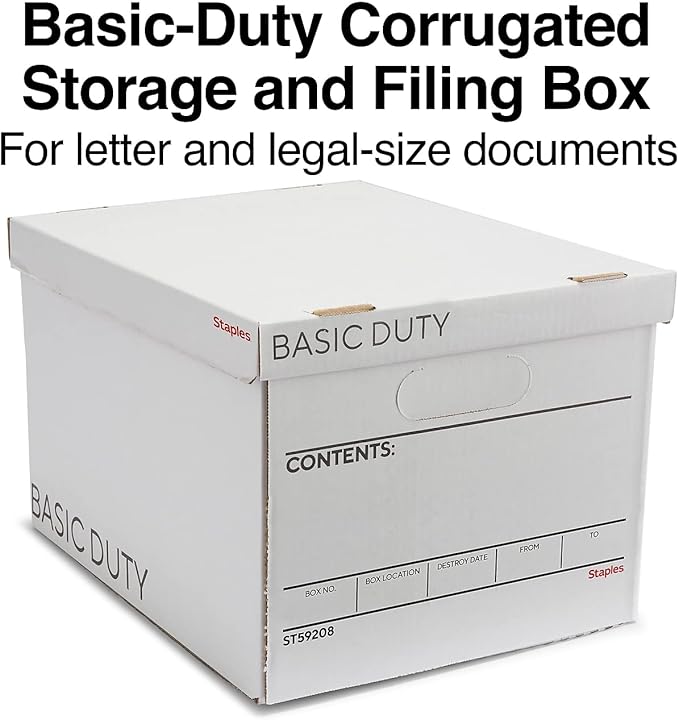 STAPLES Corrugated File Box Lift Off Lid, Letter/Legal Size, White/Black, 10/Pack