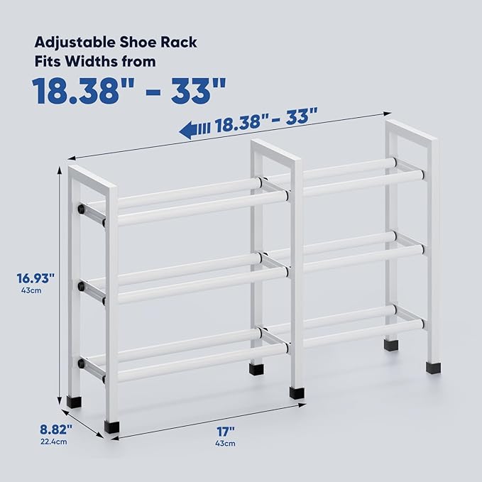 Abiglifty 3-Tier Expandable Shoe Rack,17"-33" Adjustable Shoe Rack for Closet,Metal Shoes Shelves for Front Door Entrance, Ga