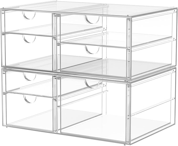 2 Pack Desk Organizers, Makeup Organizer Storage with 7 Drawers, Desktop Office Supplies, Clear Desk Accessories, Dustproof D