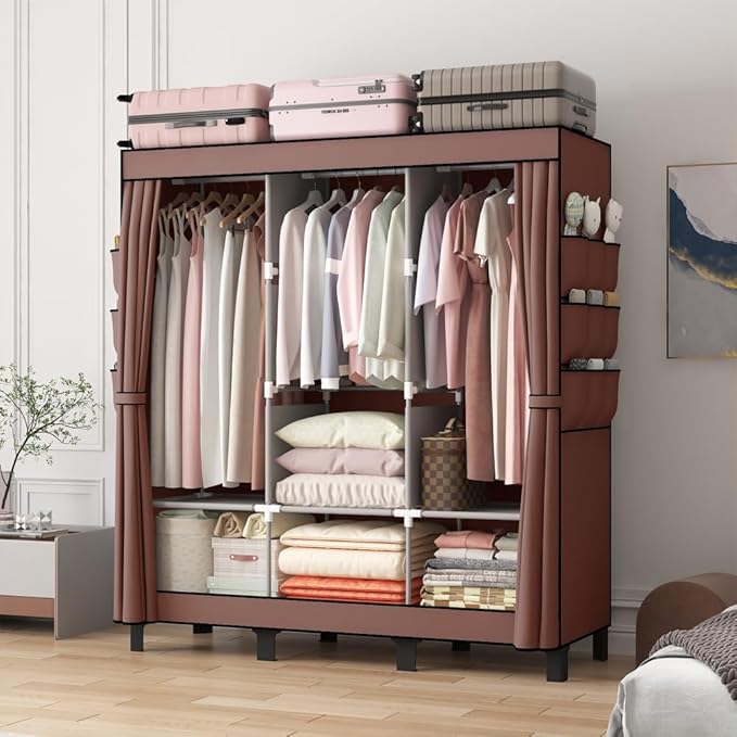 Portable Closet, 51.18" Large Capacity Clothing Storage Organizer with 3 Hanging Rods 6 Shelves 18 Side Pockets, Dustproof St