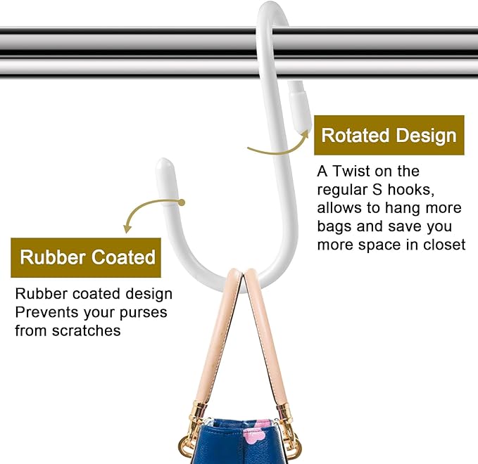 HiGift 16 Pack Bag Hooks for Closet, Unique Twist Design White Vinyl Coated Purse Hanger Organizer Hooks, Large Closet Hooks 