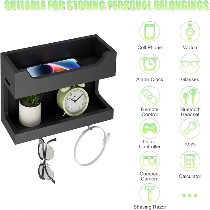 NiHome Wall Mounted Wooden Bedside Accessories Organizer, Double Tray Bedside Storage Shelf Rack with Magnetic Hooks, Bedroom