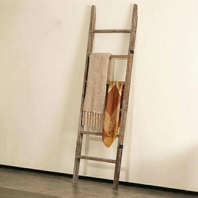 Blanket Ladder for Living Room 6-Tier, Wooden Decorative Quilt Holder for Bed Room, Wall-Leaning Towel Rack for Bathroom, Dec