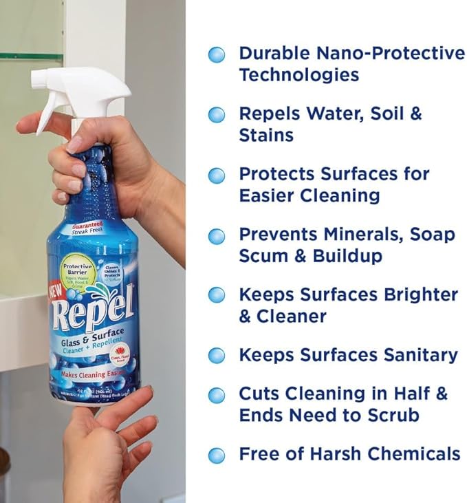 Clean-X REPEL Glass & Surface Cleaner 32 fl. oz. - Cleans & Repels water spots and dirt on glass, mirror, tile and multi surf