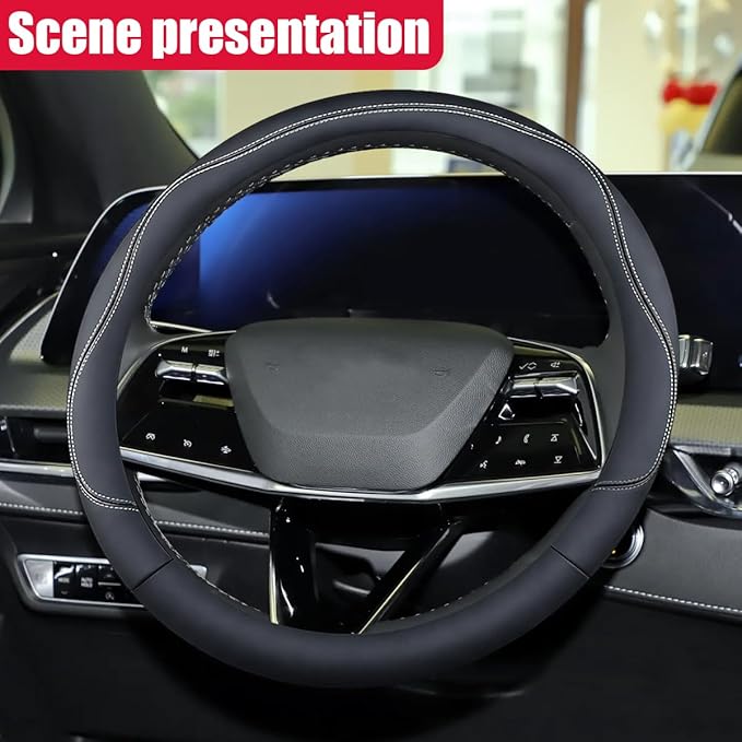 Craedli 14.5-15 Inch Leather Car Steering Wheel Cover, Non-Slip Breathable Auto Steering Wheel Protector Cover, Universal Veh