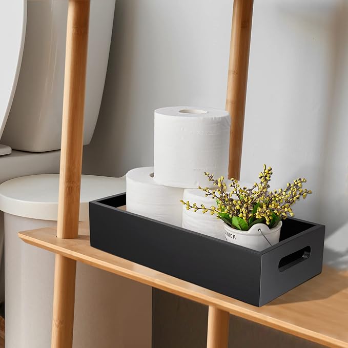 ALELION Black Bathroom Basket - Wooden Toilet Tank Paper Basket with Handle for Organizing - Back of Toilet Storage Organizer