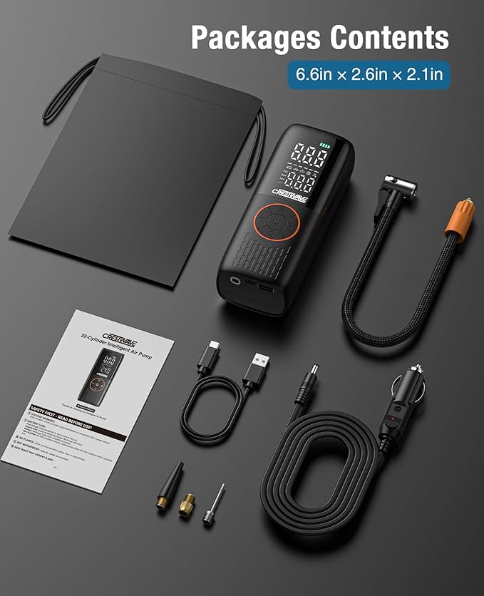 CrestWave Car Tire Inflator 20000mAh, 150PSI Portable Air Compressor Auto Stop & Digital Gauge, Fast Inflation for Car Tires, Bike, Motorcycle, Ball with Cordless Rechargeable Battery and 12V Adapter