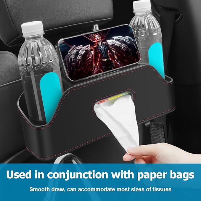 Zipelo Car Headrest Backseat Organizer with Cup Holder, Multi-Functional Vehicle Seat Back Hanging Storage Box with Hooks, Auto Drink Snack Phone Tray Travel Accessories for Kids Adults (Beige)