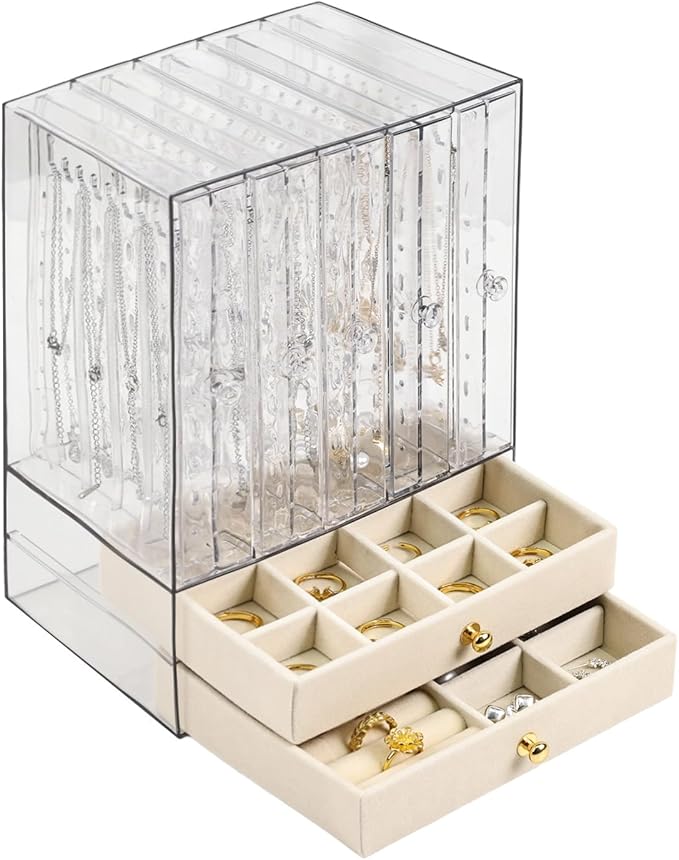 Greenfeather Jewelry Organizer with 7 Removable Drawers, Clear Acrylic Jewelry Box with 40 Necklace Hooks, 120 Pairs of Earri