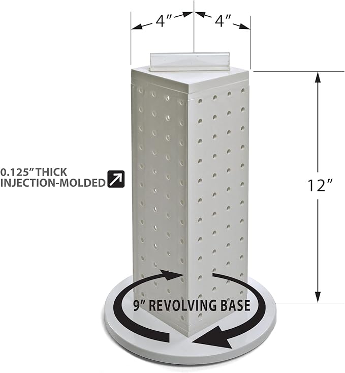 Azar Displays 700220-WHT-2W16 Four-Sided 4”W x 12” Revolving Pegboard Tower Kit Counter Display with 16-Pack of 2 inch Lockin