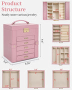 TORIBIO Large Jewelry Box for Women, Leather Jewelry Organizer with Mirror & Lock, 6-Tier Jewelry Storage Case for Girls/Wome