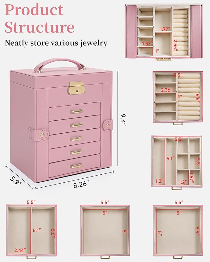 TORIBIO Large Jewelry Box for Women, Leather Jewelry Organizer with Mirror & Lock, 6-Tier Jewelry Storage Case for Girls/Wome