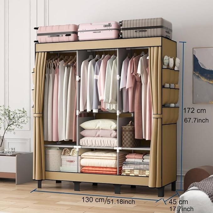 Portable Closet, 51.18" Large Capacity Clothing Storage Organizer with 3 Hanging Rods 6 Shelves 18 Side Pockets, Dustproof St