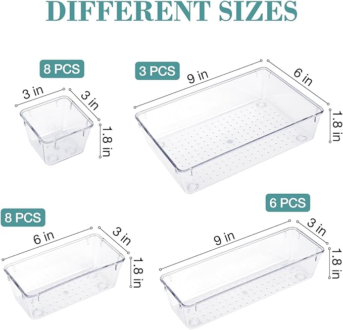 StorMiracle 25 PCS Drawer Organizer Set, 4 Varied Size Bathroom and kitchen Drawer cabinet organizer Trays, Clear Storage Bin