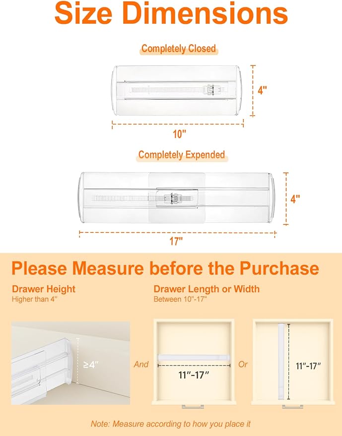 6 Pack Drawer Dividers for Clothes, 4" High 10.6"-16.9" Adjustable Drawer Dividers Expandable Dresser Drawer Organizer, Clear