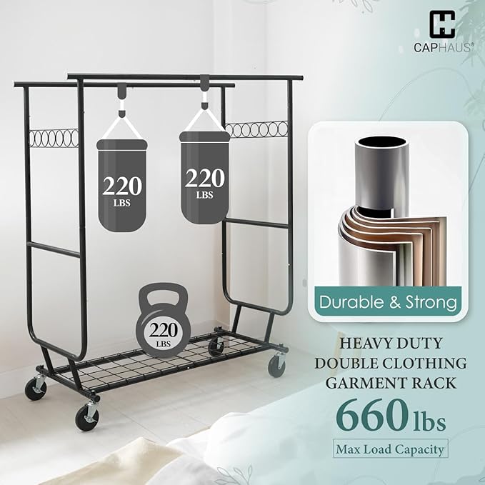 CAPHAUS Heavy Duty Clothes Rack with Double Rods, 660LBS Capacity Rolling Clothing Rack for Hanging Clothes, Adjustable Metal