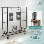 CAPHAUS Heavy Duty Clothes Rack with Double Rods, 660LBS Capacity Rolling Clothing Rack for Hanging Clothes, Adjustable Metal