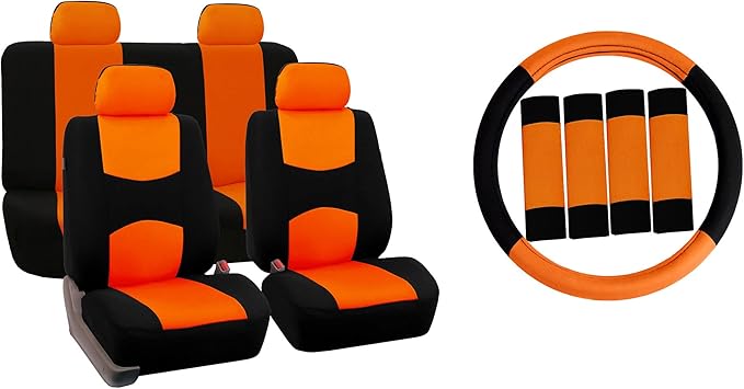 FH Group Car Seat Covers Flat Cloth Automotive Orange Full Set, Rear Solid Bench Universal Fit Combo Steering Wheel Cover & Seat Belt Pads Car Seat Protector for Cars Trucks SUV Interior Accessories