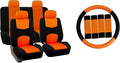 FH Group Car Seat Covers Flat Cloth Automotive Orange Full Set, Rear Solid Bench Universal Fit Combo Steering Wheel Cover & Seat Belt Pads Car Seat Protector for Cars Trucks SUV Interior Accessories