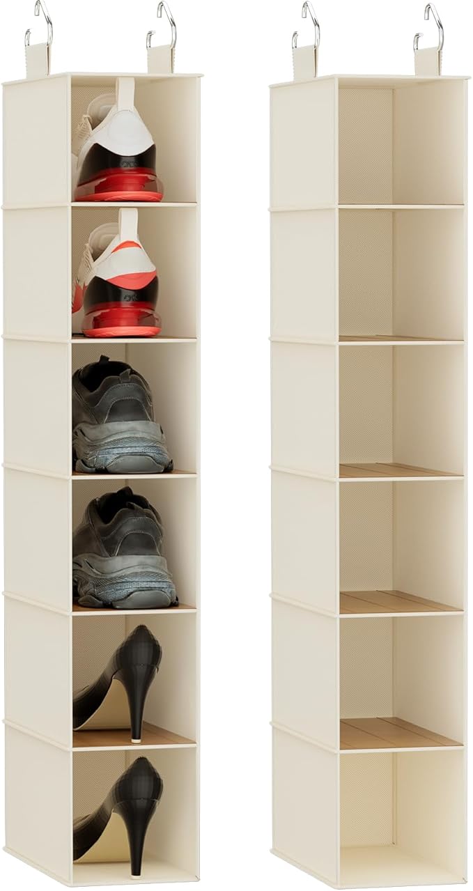 VERONLY Hanging Closet Shelf Shoe Organizer Set of 2 with Woven Bamboo Shelves,11.5 x 31.5 x 5.5 in, 6-Tier Design for Space-