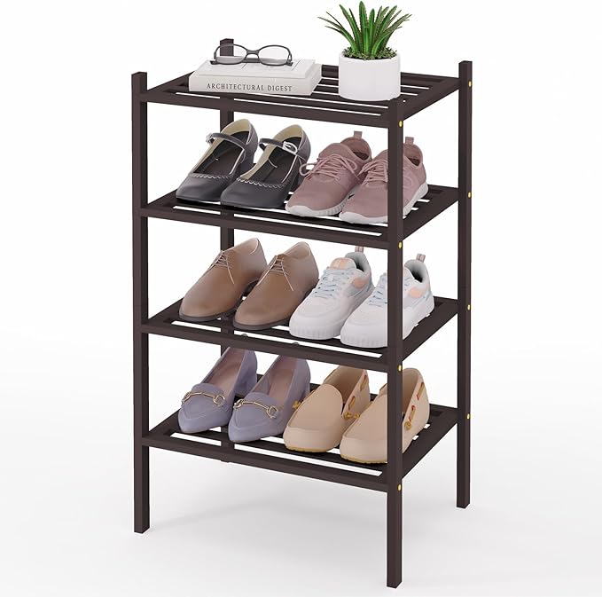 Smiry Small Bamboo Shoe Rack 4-Tier, Stackable Wooden Shoe Organizer for Entryway & Closet, Free Standing Wood Shoe Storage S