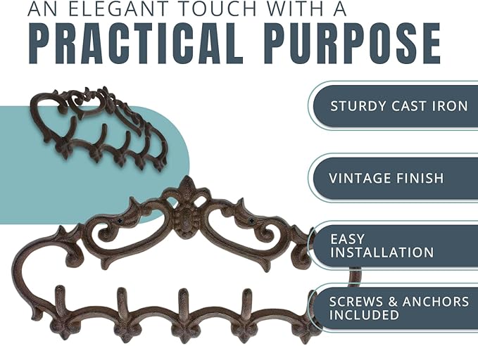 Comfify Cast Iron Wall Mounted Hanger – Vintage Design with 5 Hooks for Keys, Towels, Robes, and Clothes – Heavy Duty Rustic 