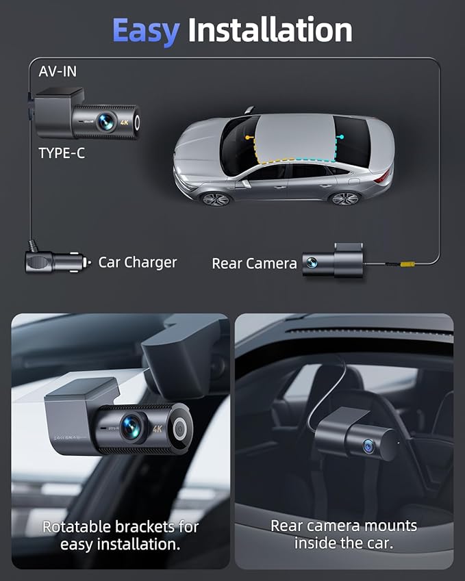 4K Dash Cam Front and Rear, 64GB SD Card, 1.5” IPS Display Car Camera, 5Ghz WiFi+App Control, Night Vision, 24H Parking Mode,